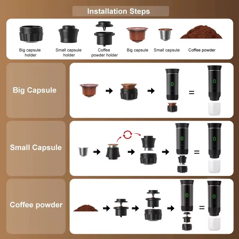 Wireless Electric Portable Espresso Coffee Machine for Car & Home Camping Coffee Maker 3-In-1 Capsule Powder Travel Coffee Maker