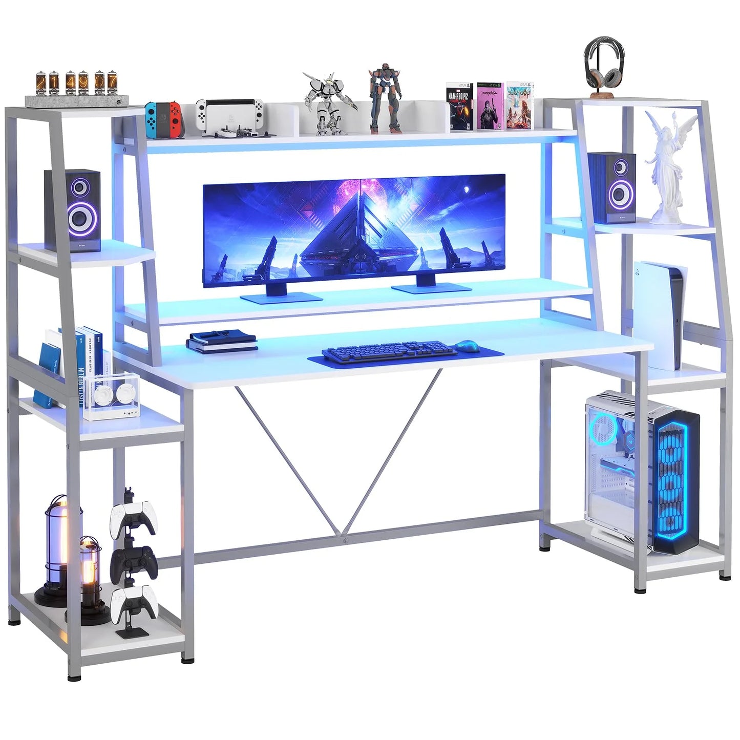 Gaming Desk with LED Lights, 65.7'' Computer Desk with Monitor Stand, White