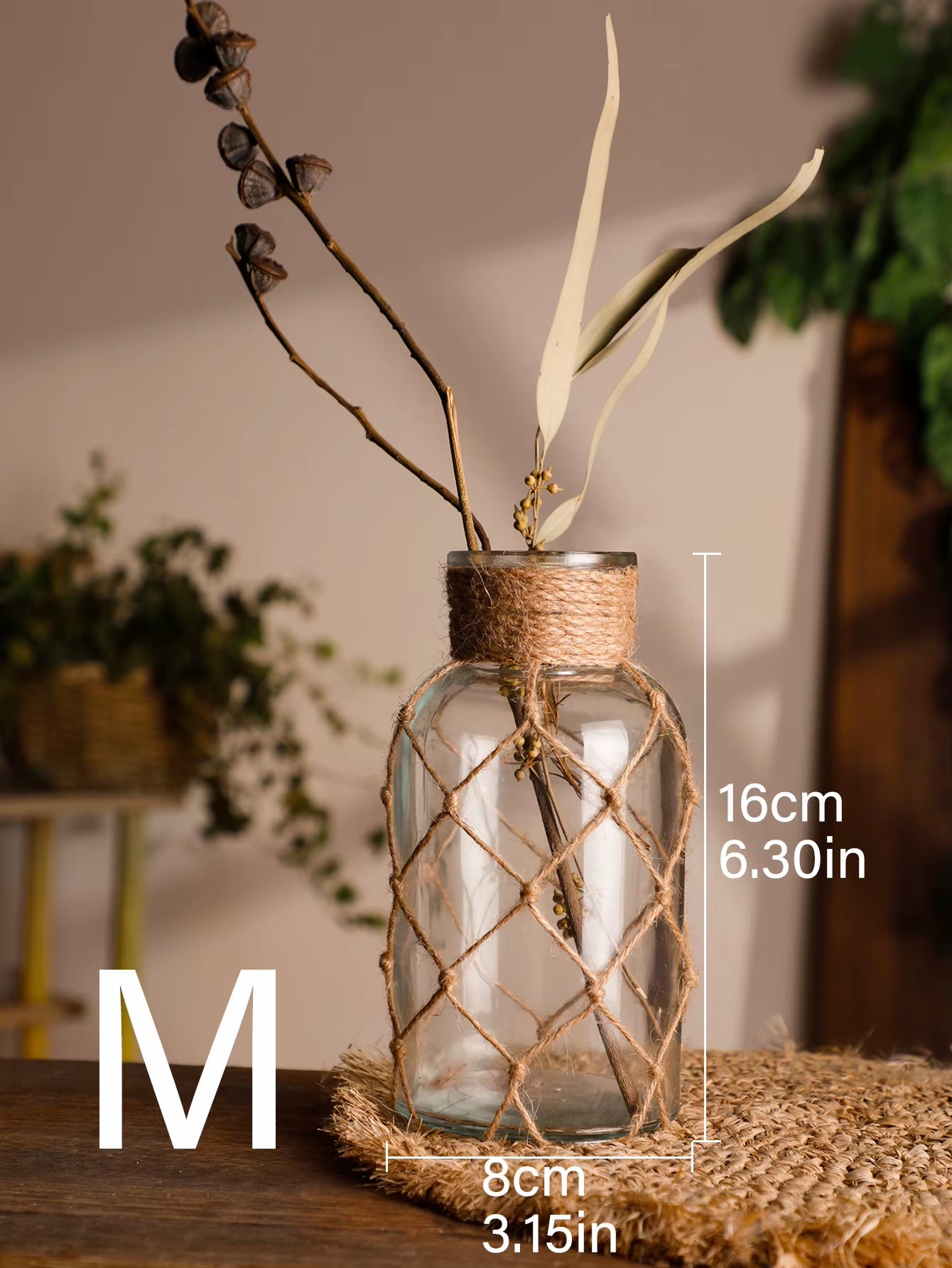 Rustic Hanging Glass Vase Rope Net Dry Flower Glass Vase with Art Hemp Rope Home Transparent Living Room Decor Table Decoration