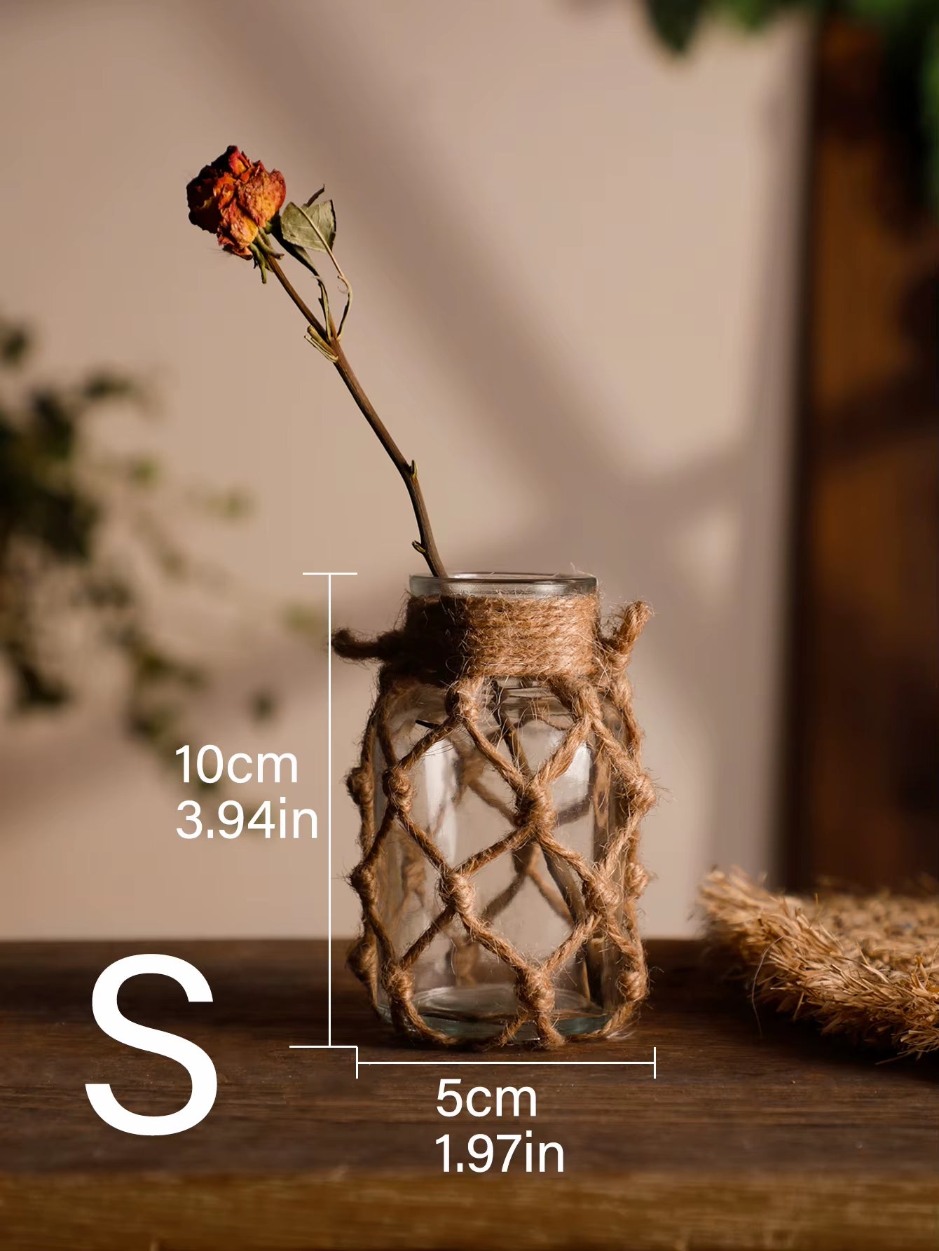 Rustic Hanging Glass Vase Rope Net Dry Flower Glass Vase with Art Hemp Rope Home Transparent Living Room Decor Table Decoration