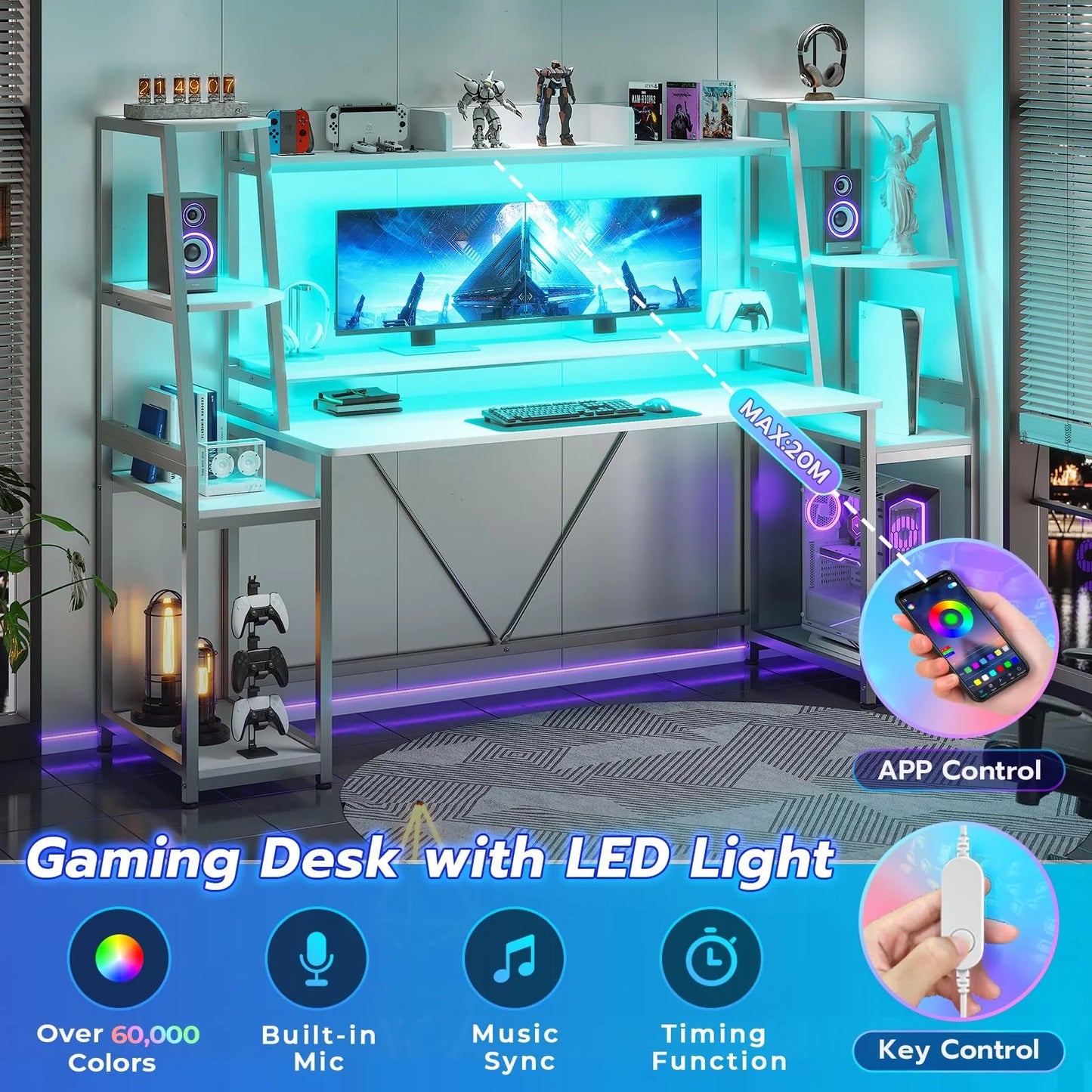 Gaming Desk with LED Lights, 65.7'' Computer Desk with Monitor Stand, White