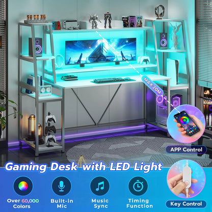 Gaming Desk with LED Lights, 65.7'' Computer Desk with Monitor Stand, White